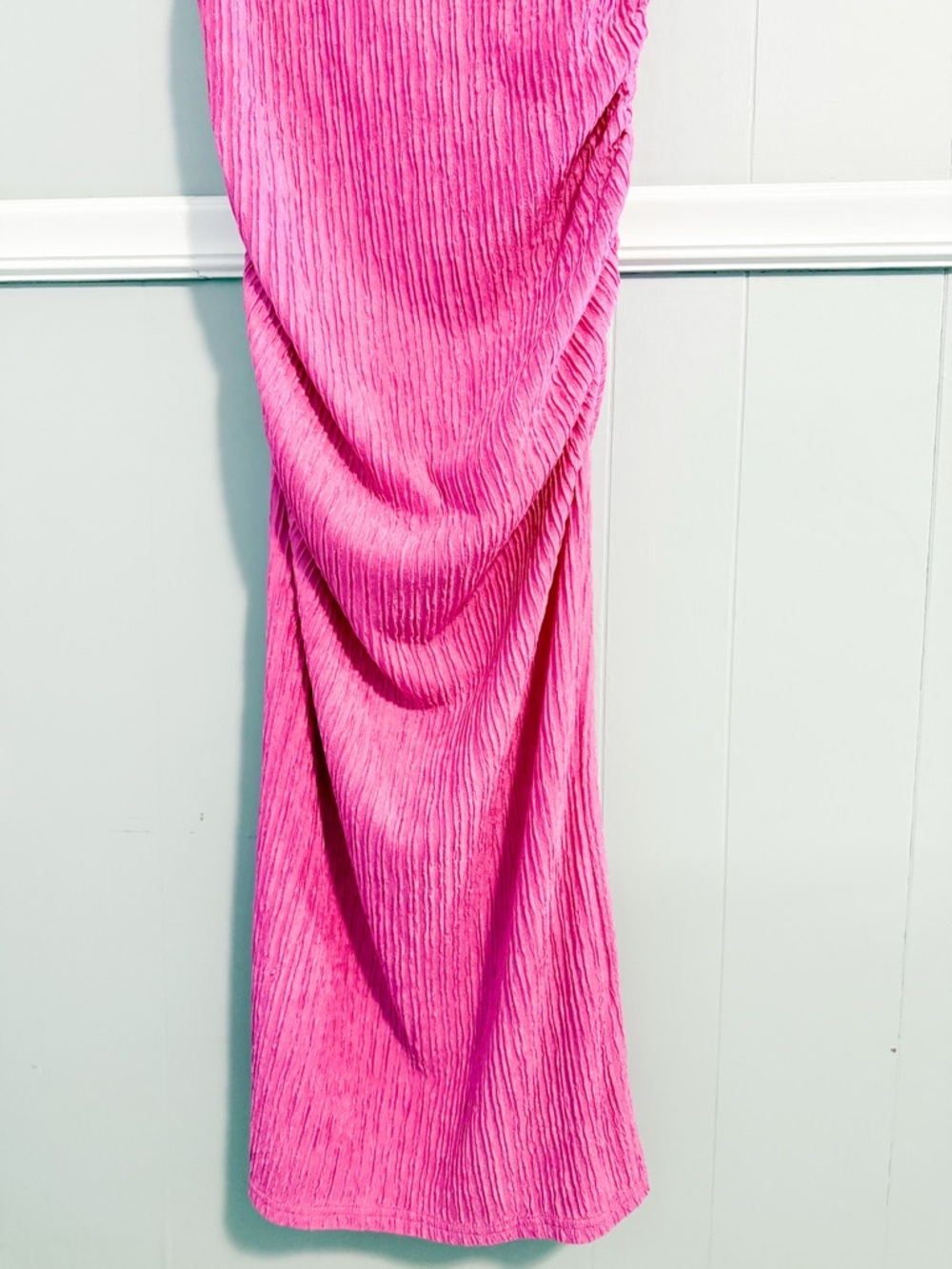 Fuchsia One-Shoulder Ribbed Bodycon Asymmetrical Maxi Dress - Picture 7 of 7